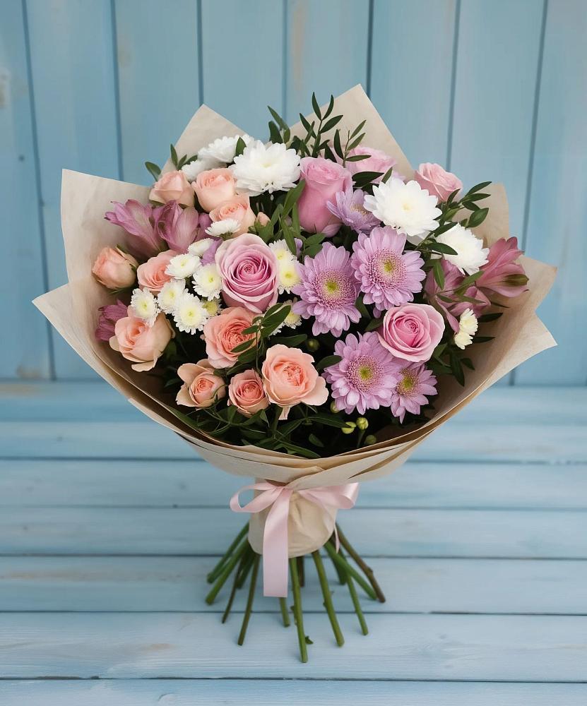 Букет цветов из: Хризантемы, Розы и Альстромерии в Новоселки