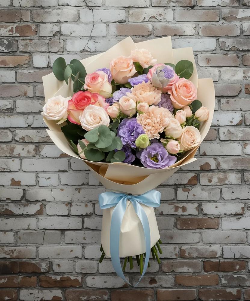 Букет цветов из: Розы, Лизиантусы и Гвоздики в Новоселки