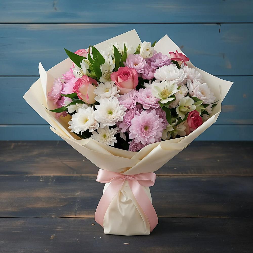 Букет цветов из: Хризантемы, Альстромерии и Розы в Новоселки